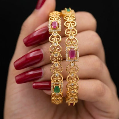 Gold Plated Filigree Bangle Set - 2 Piece with Ruby & Emerald Stones - Riwaaj