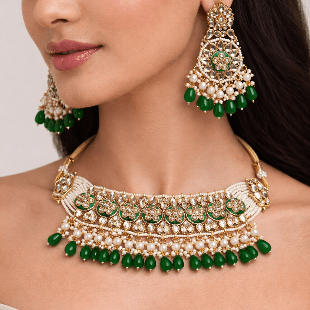 Riwayat Mirror - Work Kundan Jewelry Set - 4 Piece Gold Plated - Riwaaj