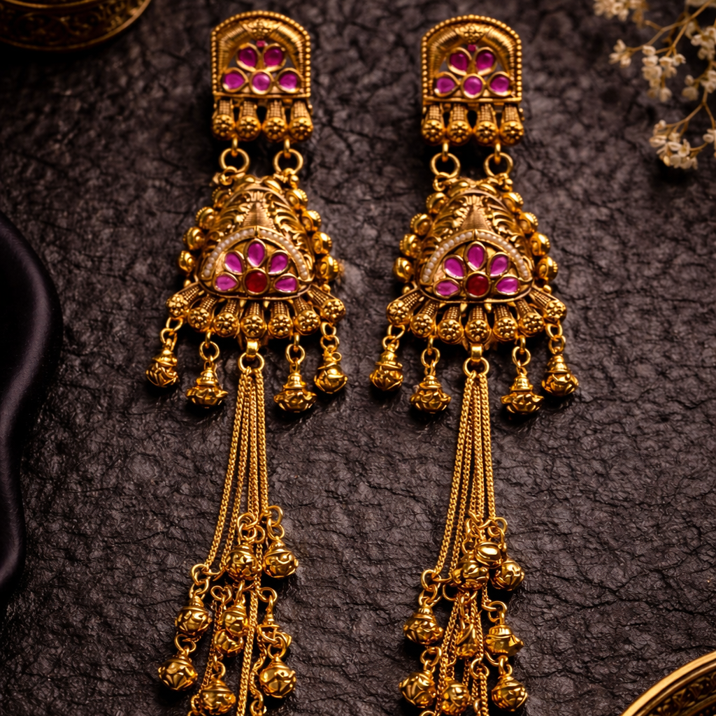 Noor Kashmiri Long Earrings – 22K Dull Gold Handmade Statement Drops