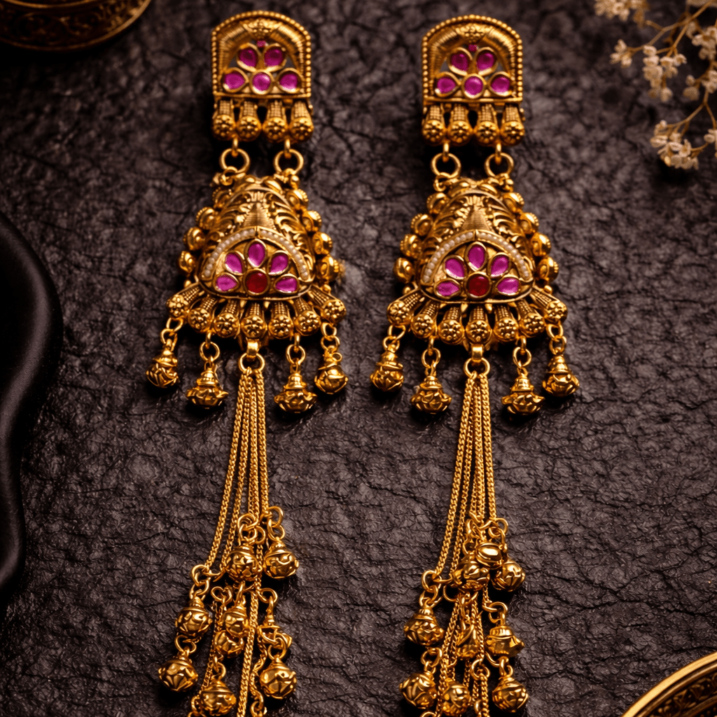 Noor Kashmiri Long Earrings – 22K Dull Gold Handmade Statement Drops - Riwaaj