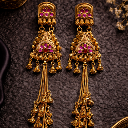 Noor Kashmiri Long Earrings – 22K Dull Gold Handmade Statement Drops