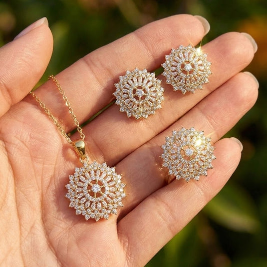 Halo Starburst Jewelry Set - 3 Piece Gold Silver Plated with Zirconia