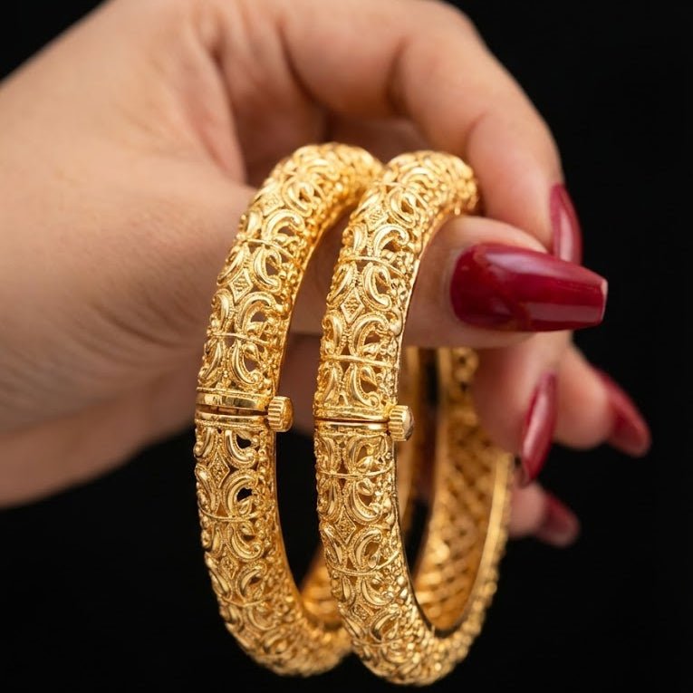Gold Plated Hand - Carved Openable Bangle Set - 2 Piece - Riwaaj