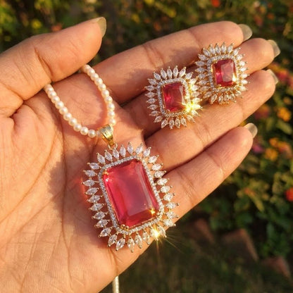 Celestial Glow Pendant Set - Rhodium Plated Zirconia Necklace & Earrings - Riwaaj