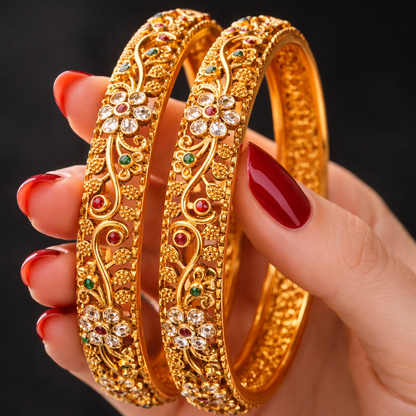 Floral Heritage Bangle Pair – 22K Gold Plated | Handcrafted Stone Carving