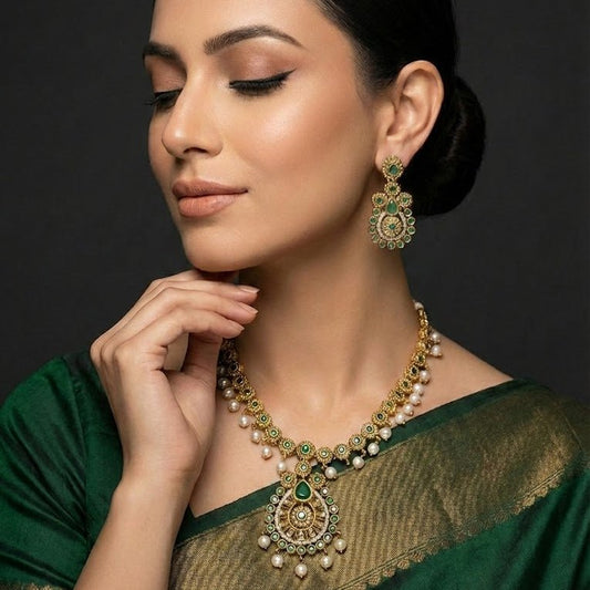 Heritage Crescent Moon Long Chain Necklace Set with Pearl Drops - Gold Plated - Riwaaj