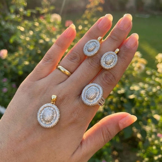 Gold & Silver Plated Oval Halo Jewelry Set - Pendant, Ring & Earrings - Riwaaj