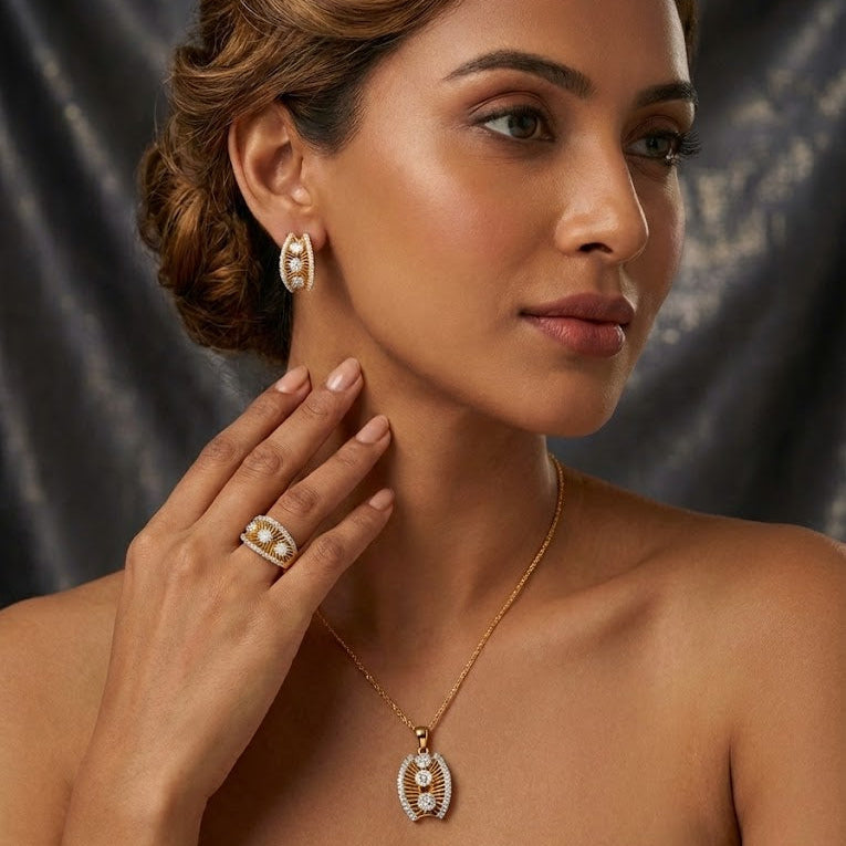 Gold & Silver Plated Sunburst Jewelry Set - Pendant, Ring & Earrings