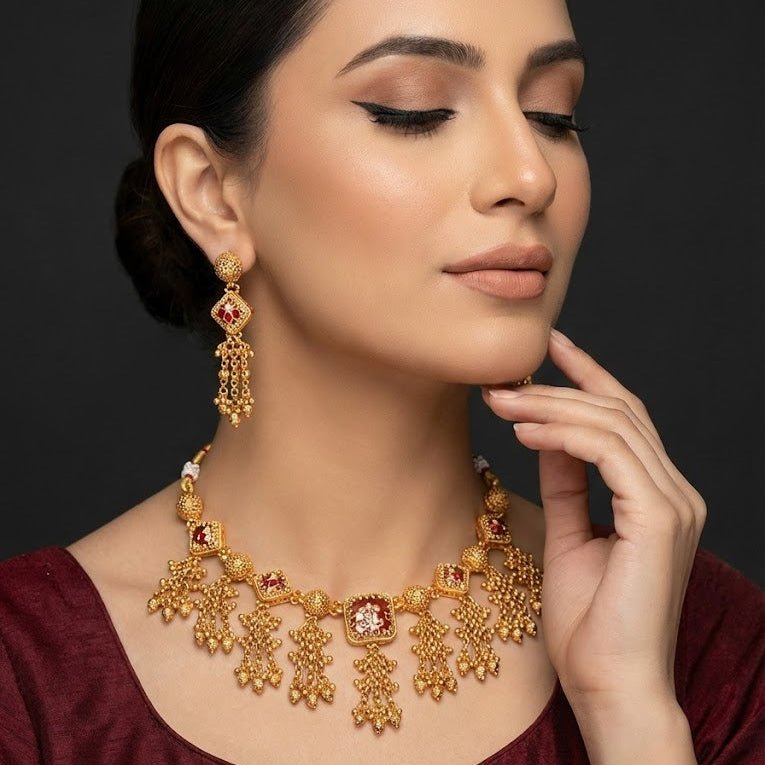 Luminous Meenakari Enamel Jewelry Set with Tassel Earrings - Gold Plated - Riwaaj