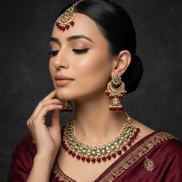 Moonlight Mirror - Work Kundan Set with Chandbali Earrings - 3 Piece Gold Plated - Riwaaj
