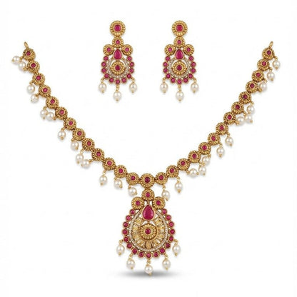 Heritage Crescent Moon Long Chain Necklace Set with Pearl Drops - Gold Plated - Riwaaj