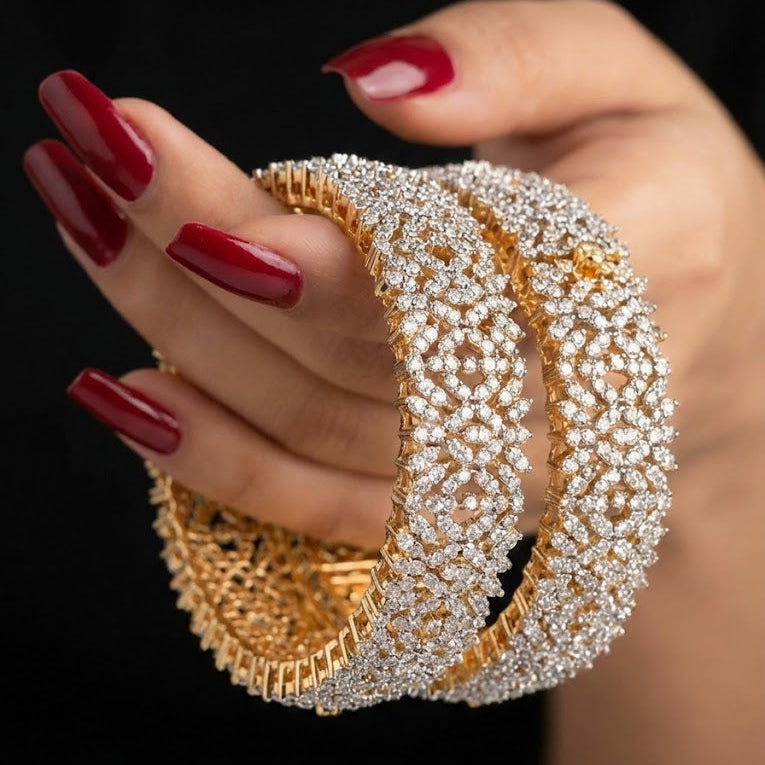 Silver Plated Openable Bangle Set - 2 Piece with Floral Lattice Design