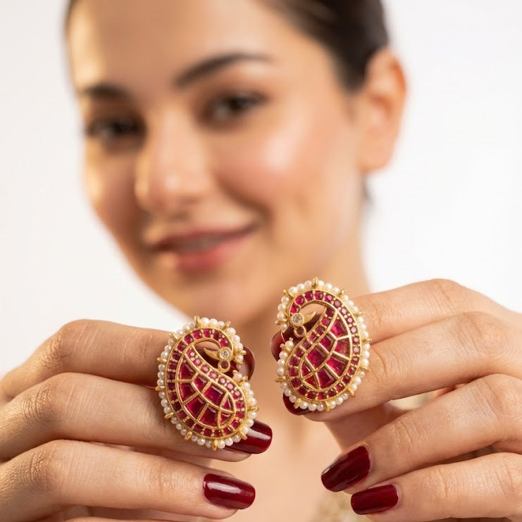 Gold Plated Paisley Drop Earrings with Ruby Pink Stones & Pearls