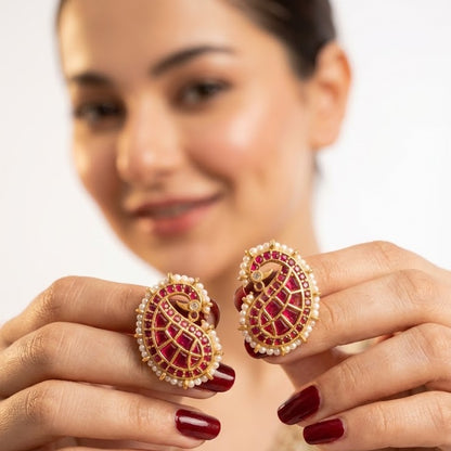 Gold Plated Paisley Drop Earrings with Ruby Pink Stones & Pearls