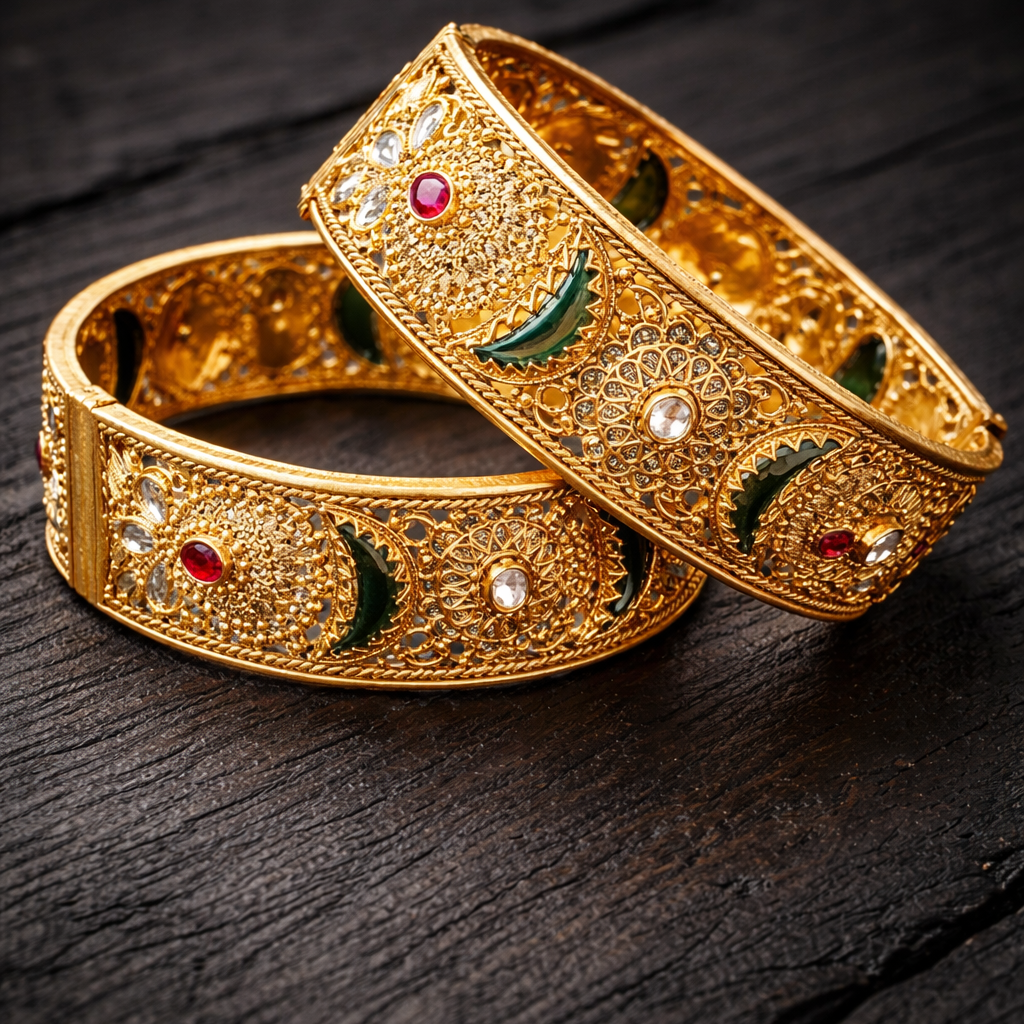 Mughal Filigree Openable Kara Pair – Gold Plated | Rosette & Stone