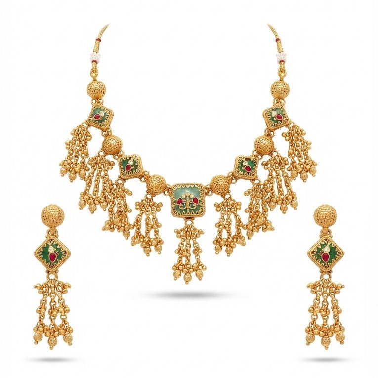Luminous Meenakari Enamel Jewelry Set with Tassel Earrings - Gold Plated - Riwaaj