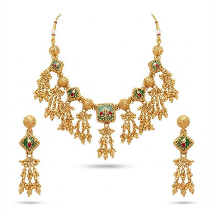 Luminous Meenakari Enamel Jewelry Set with Tassel Earrings - Gold Plated - Riwaaj