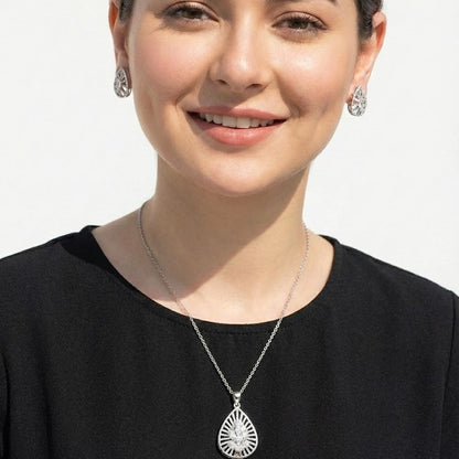 Silver Plated Teardrop Pendant & Earring Set with Zirconia Stones