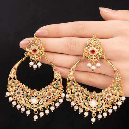 Gul - e - Rang Chandbali Earrings – 22K Gold Multicolour Kundan & Pearl Drops - Riwaaj