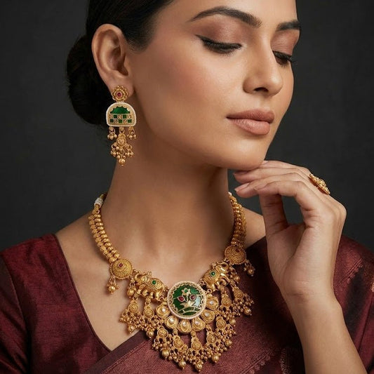 Divine Elephant Heritage Jewelry Set - Meenakari Antique Gold Plated - Riwaaj