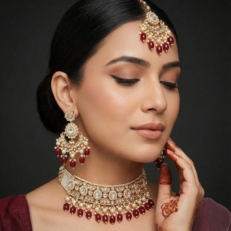 Radiant Mirror - Work Kundan Jewelry Set - 4 Piece Gold Plated - Riwaaj