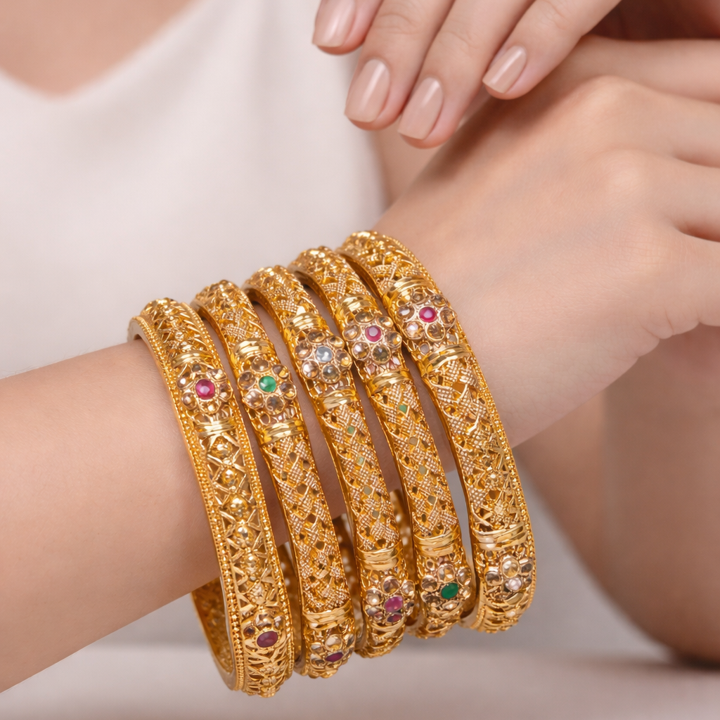 Textured Floral Choori Bangle Set – 22K Gold Plated | Ruby & Emerald Stone | Set of 6 |