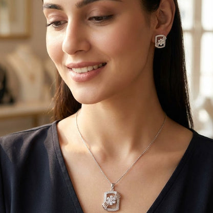 Silver Plated Floral Pendant & Earring Set with Zirconia Stones