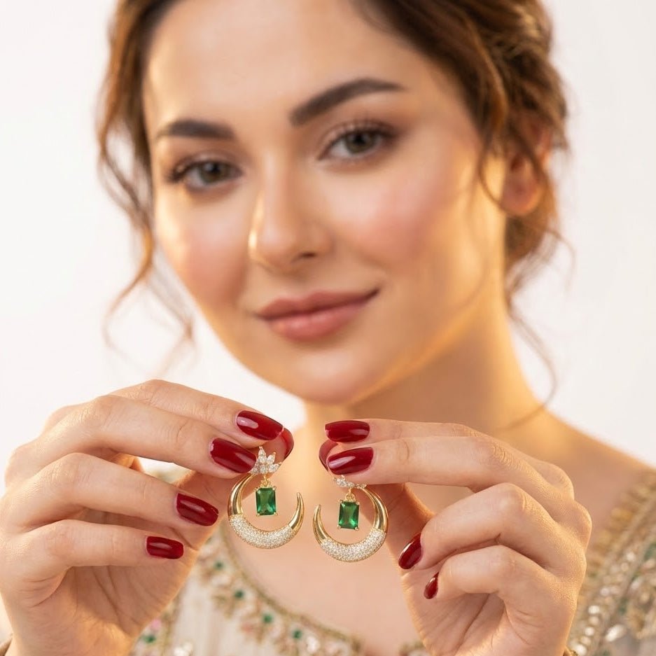 Gold Plated Crescent Lotus Drop Earrings with Zirconia Stones - Riwaaj