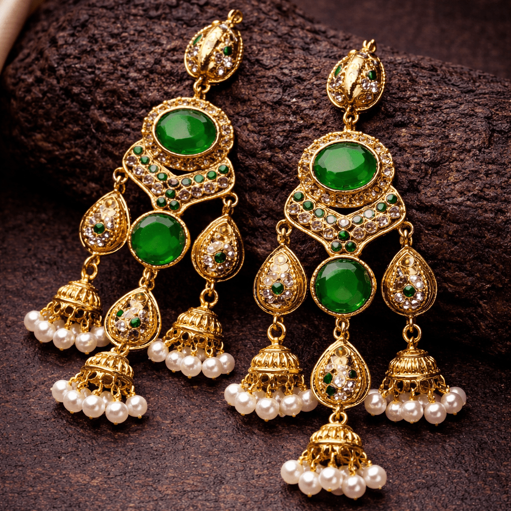 Antique Gold Jhumka Chandelier Earrings – Ruby Kundan & Pearl Drops - Riwaaj