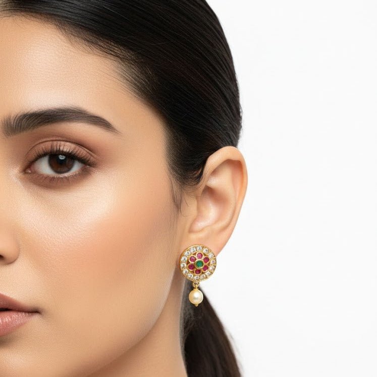 Gold Plated Floral Pearl Drop Earrings with Emerald & Ruby Stones - Riwaaj