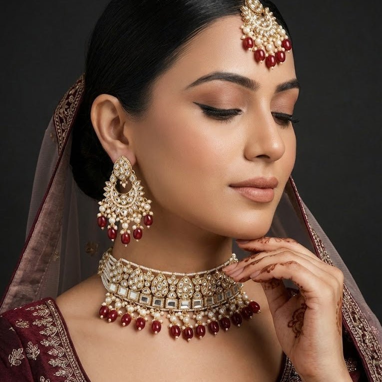 Mehtab Mirror - Work Kundan Jewelry Set - 4 Piece Gold Plated - Riwaaj