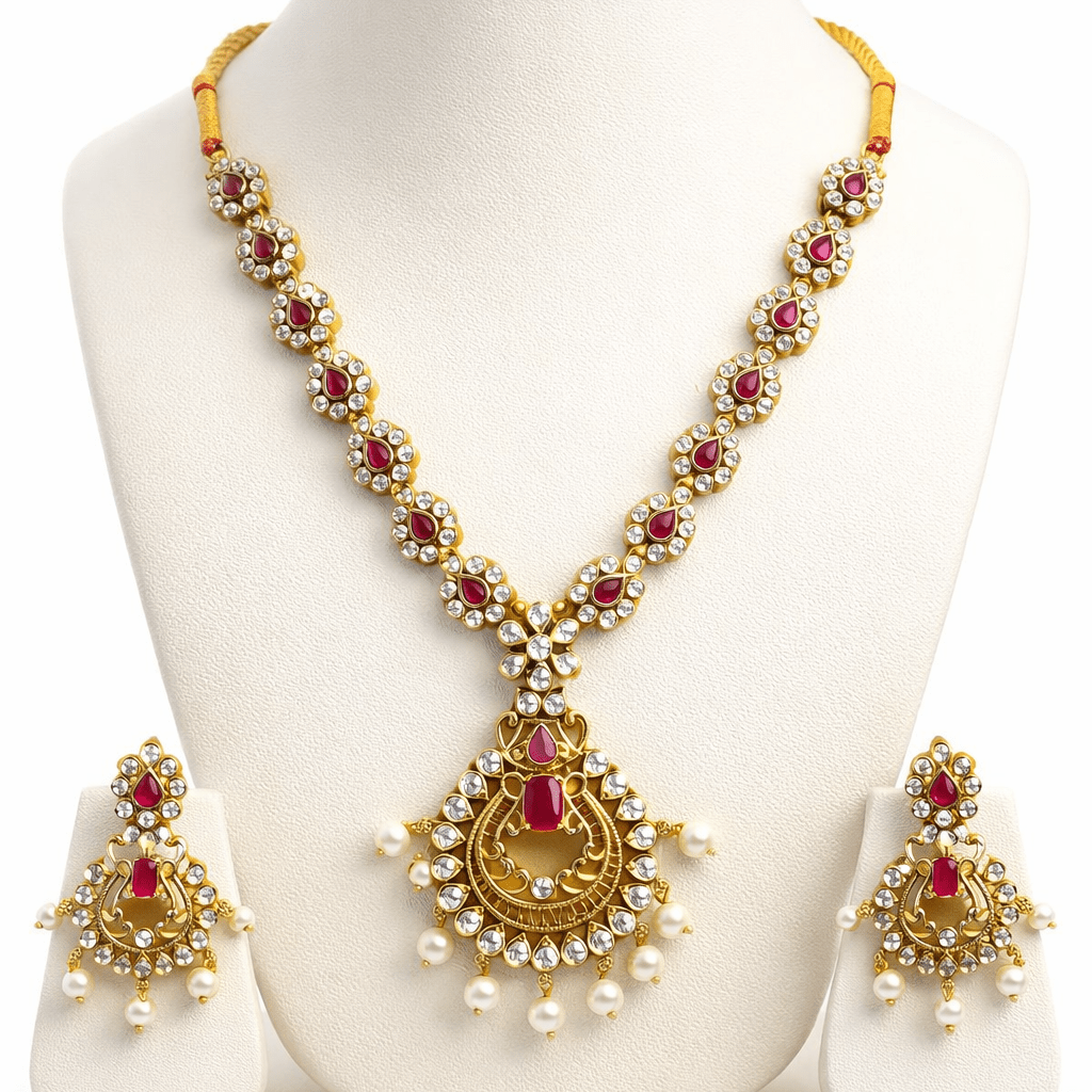 Star & Moon Floral Link Necklace Set - Gold Plated - Riwaaj