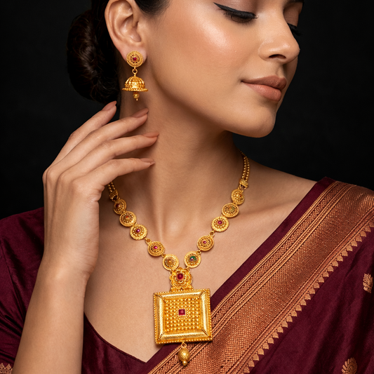 Square Pendant Necklace & Jhumki Earring Set – 22K Gold Plated | Handcrafted Stone |