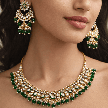 Moonlight Mirror - Work Kundan Set with Chandbali Earrings - 3 Piece Gold Plated - Riwaaj