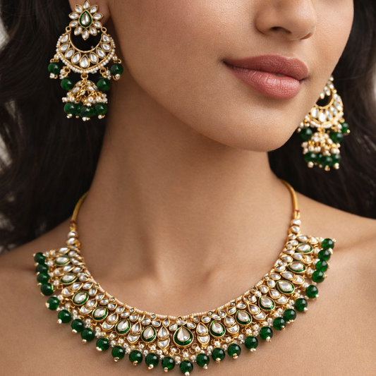 Moonlight Mirror-Work Kundan Set with Chandbali Earrings - 3 Piece Gold Plated