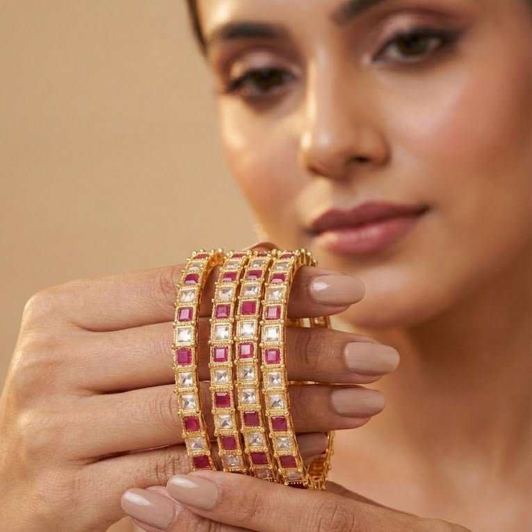 Gold Plated Square - Cut Bangle Set - 4 Piece with Ruby & Crystal Stones - Riwaaj