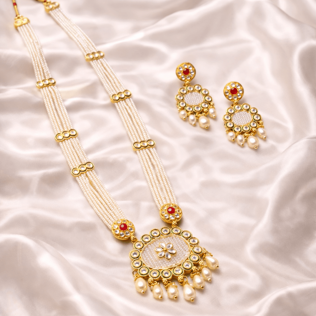 Kundan Floral Pearl Maala Necklace & Pearl Drop Earring Set – 22K Gold Plated - Riwaaj