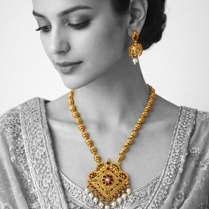 Royal Long Chain Necklace Set with Jhumka Earrings - Filigree Antique Gold