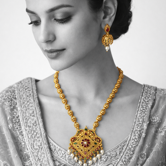 Royal Long Chain Necklace Set with Jhumka Earrings - Filigree Antique Gold