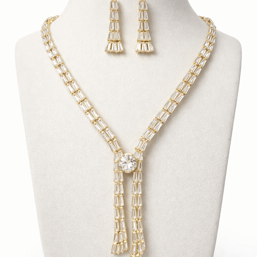 Crystal Baguette Fringe Jewelry Set - Contemporary Gold or Silver Plated - Riwaaj