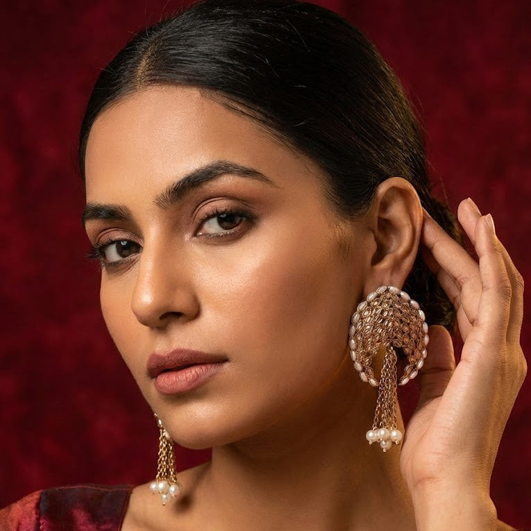 Gold Plated Statement Tassel Earrings with Pearls & Marquise Stones