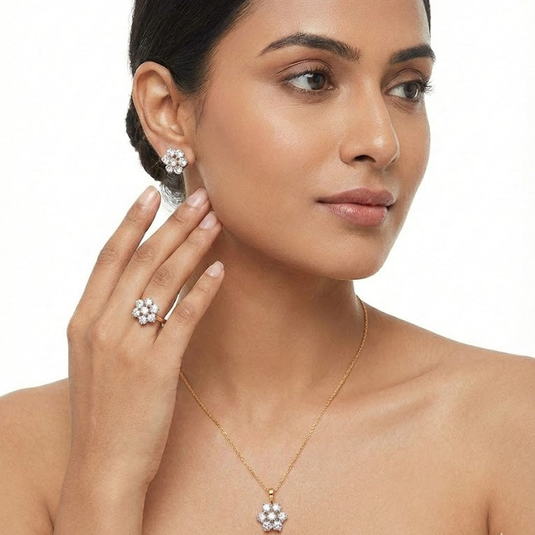 Dual Tone Floral Jewelry Set with Zirconia Stones - 3 Piece