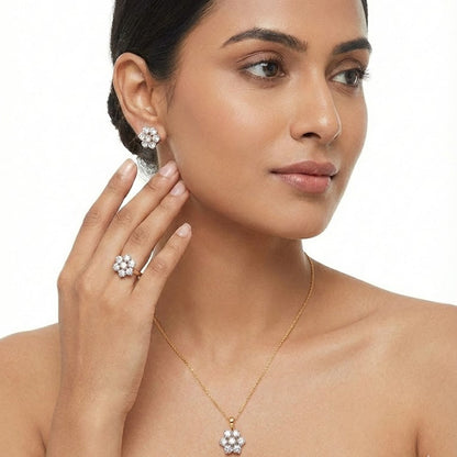Dual Tone Floral Jewelry Set with Zirconia Stones - 3 Piece