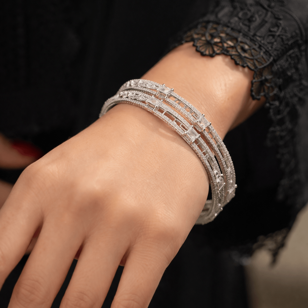 Hoorain Zirconia Bangles - 22K Silver Plated Diamond - Cut Bracelets - Riwaaj