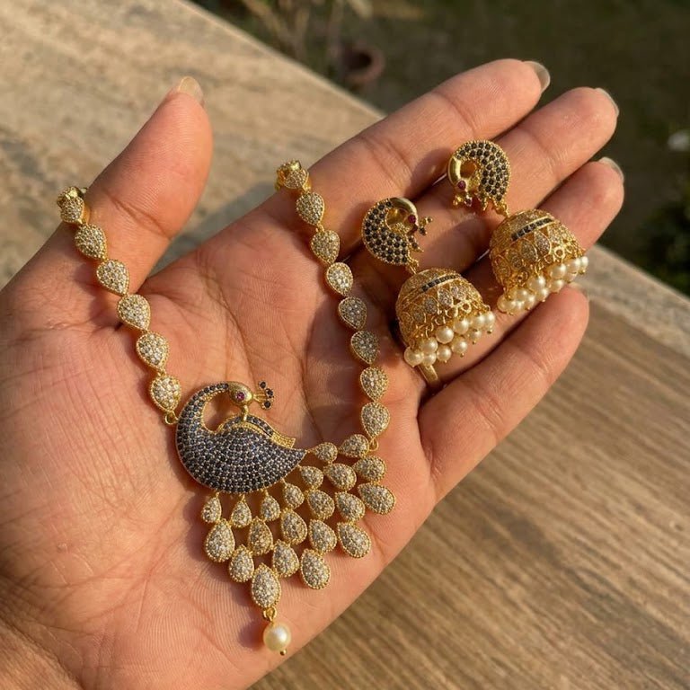 Royal Peacock Necklace Set with Jhumka Earrings - Gold Plated Heritage Jewelry - Riwaaj