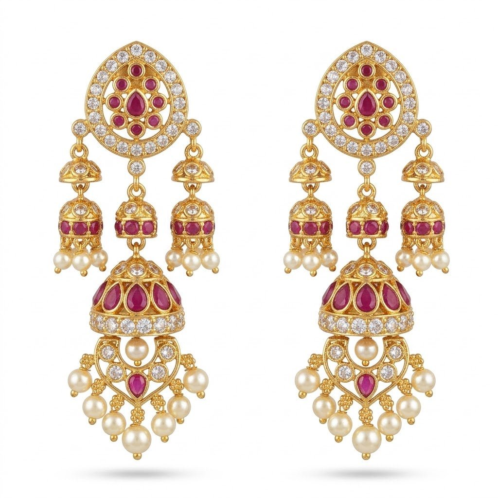 Mughal Mismatched Jhumka Earrings – Ruby, Emerald & Pearl Kundan Gold - Riwaaj