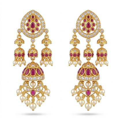 Mughal Mismatched Jhumka Earrings – Ruby, Emerald & Pearl Kundan Gold - Riwaaj