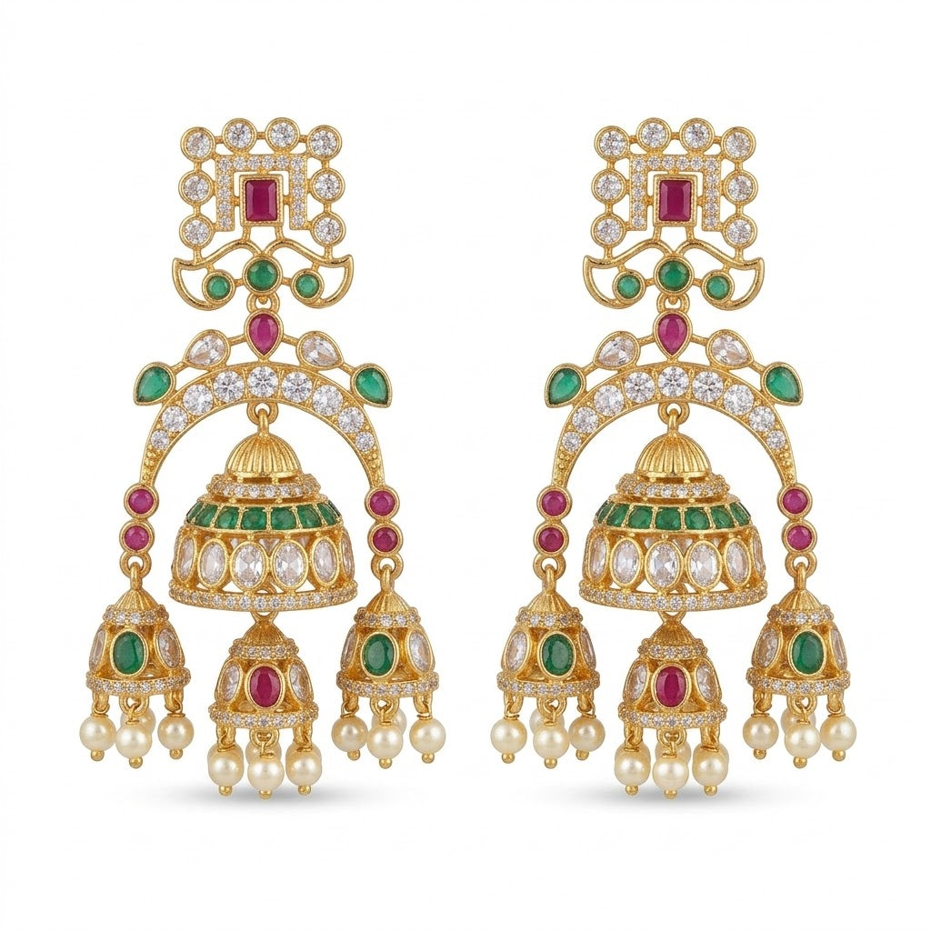 Gul-e-Noor Triple Jhumki Earrings – Gold Floral Ruby & Pearl Drops