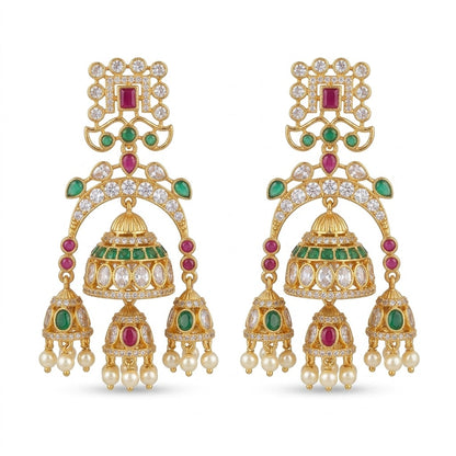 Gul-e-Noor Triple Jhumki Earrings – Gold Floral Ruby & Pearl Drops