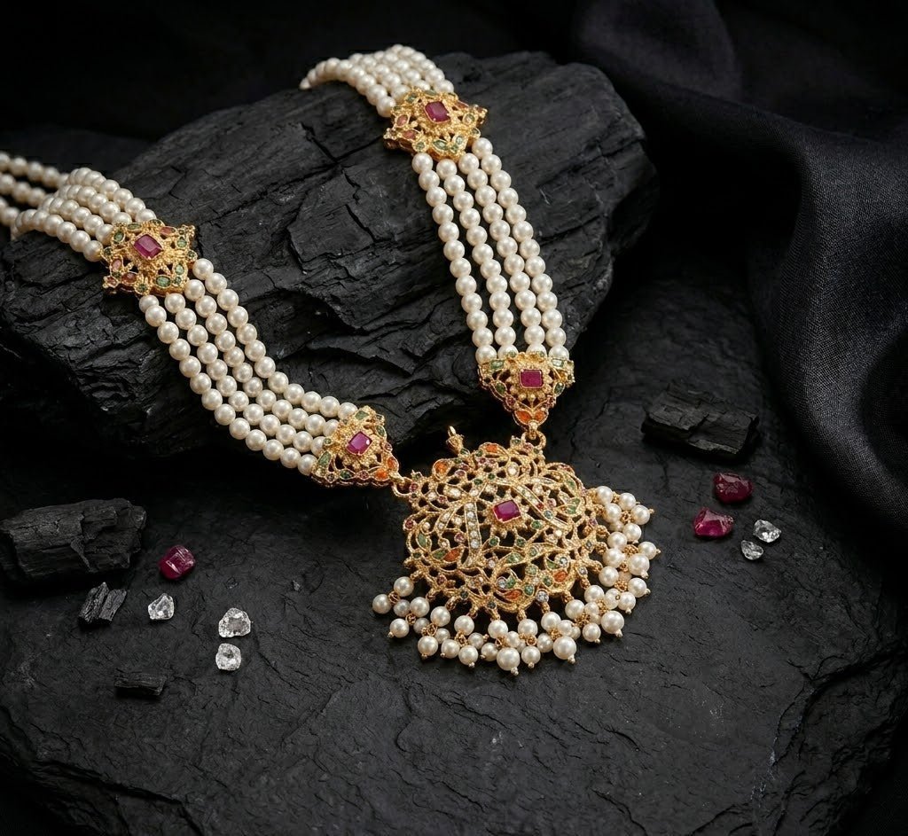 Maharani Multi - Strand Pearl & Gem Haar | Indian Necklace - Riwaaj